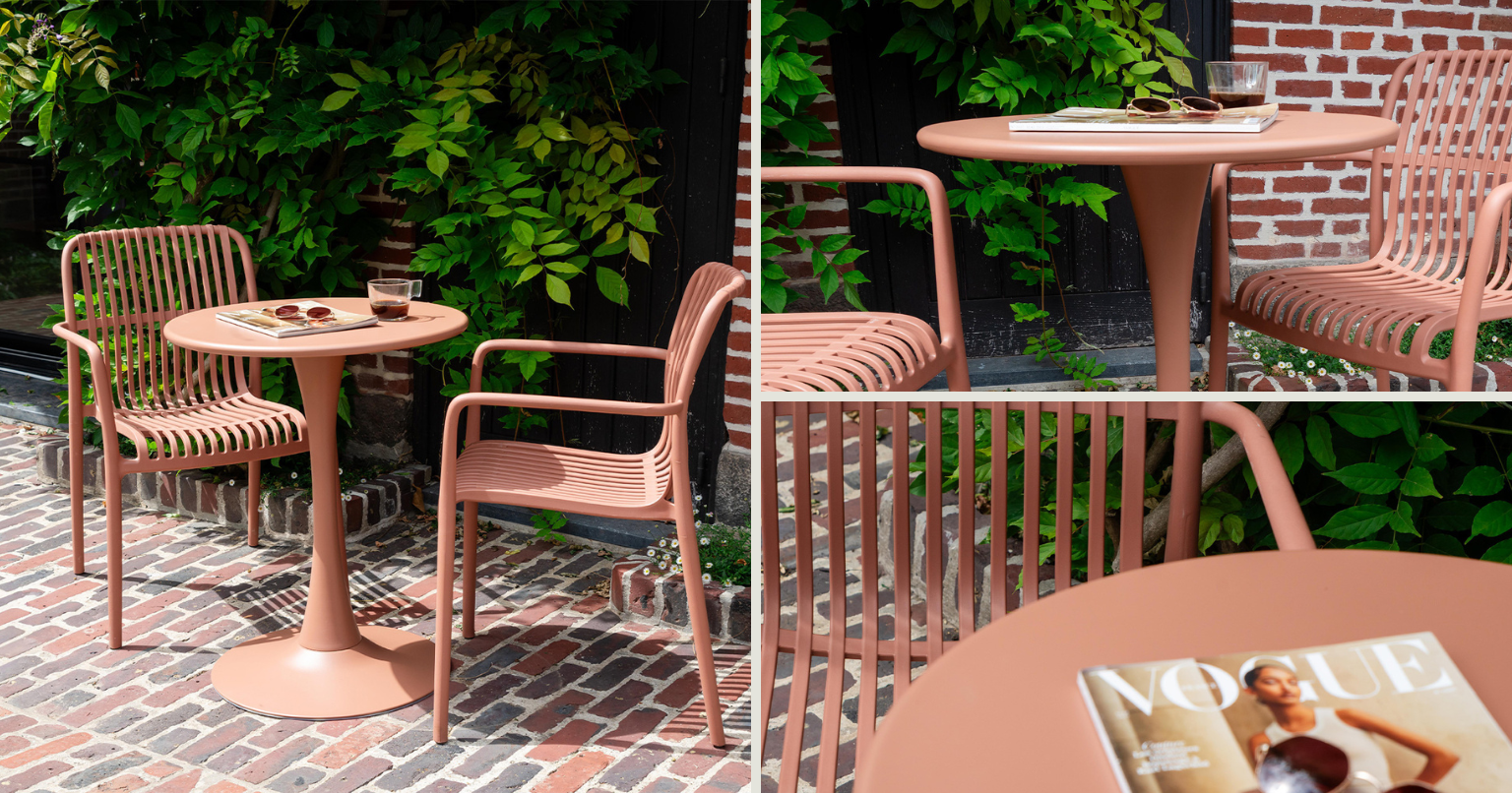 L'ensemble de jardin PALOMA en résine avec une table en acier ronde WILSA GARDEN