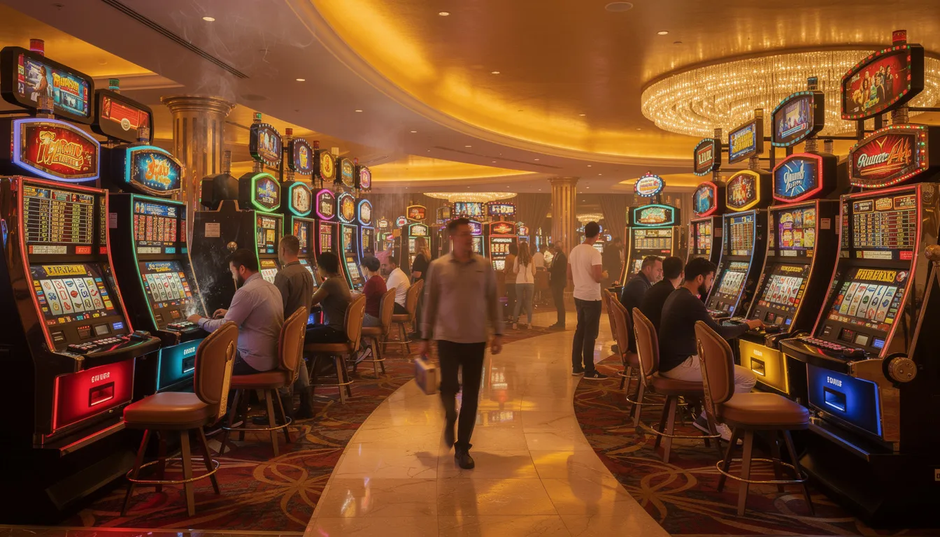 En livlig casinogolv med färgglada spelautomater och stämningsfull belysning, där spelare kan njuta av populära spel som "Big Bass Bonanza" och "Thor: The Trials of Asgard". Atmosfären är fylld av spänning och glädje, perfekt för en kväll på ett online casino som Slotstars.