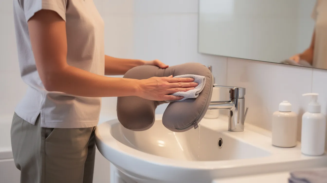The image shows a person gently dabbing a small travel pillow with a damp cloth over a bathroom sink, focusing on spot cleaning to maintain the pillow's freshness. This method is ideal for travel neck pillows, ensuring they stay clean and provide excellent support while avoiding too much water that could damage the foam.
