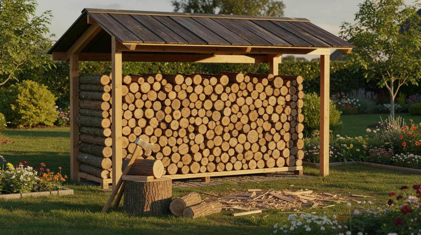 Een stapel droog brandhout ligt onder een afdak in een tuin, klaar voor gebruik in een moderne houtkachel. Dit hout voldoet aan de eisen voor verantwoord stoken, wat bijdraagt aan schonere lucht en het verminderen van schadelijke stoffen.