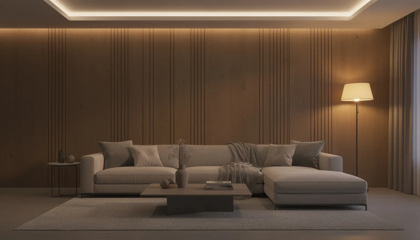 Een moderne woonkamer met stijlvolle houten wandpanelen achter een luxe bank, verlicht door sfeervolle lampen die een warme ambiance creëren. De wandbekleding voegt een eigentijdse uitstraling toe aan de ruimte, terwijl de akoestische panelen zorgen voor een aangename akoestiek.