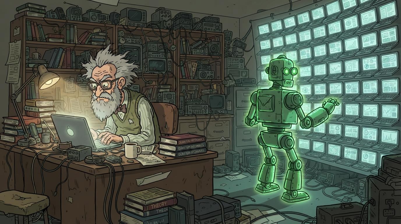 Wild-haired professor on one side watching a single laptop closely, while on the other side a glowing green robotic figure watches an entire wall of many laptop screens at once