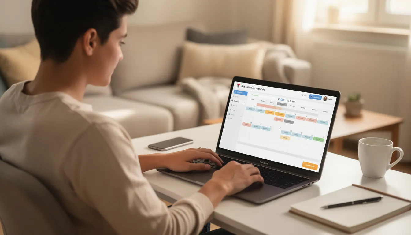 Una persona está sentada en su casa usando una laptop para gestionar citas online, mostrando una interfaz del software de gestión de clientes de agendapro. En la pantalla se pueden ver recordatorios automáticos y datos relacionados con el negocio, lo que facilita la organización y el control de las reservas.
