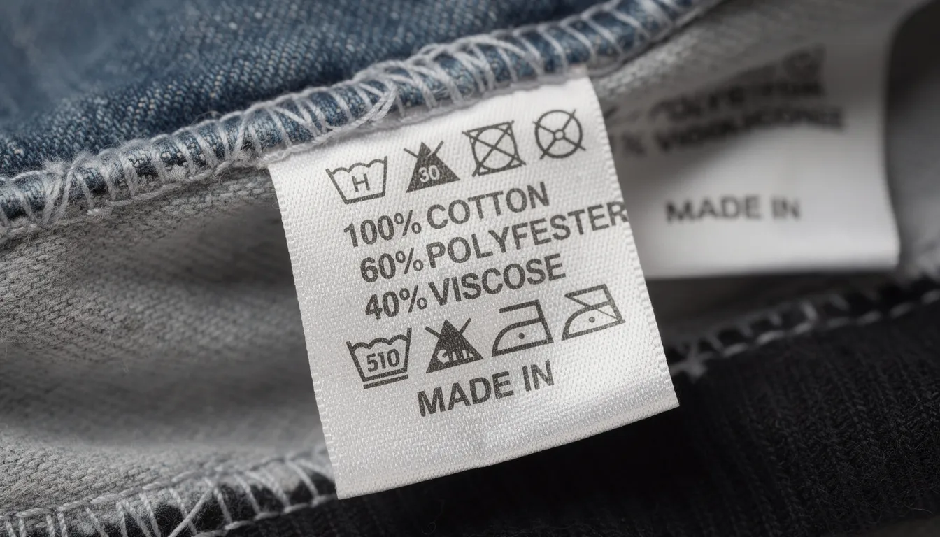 The image features a close-up view of clothing care labels that detail fabric composition, highlighting various synthetic fibers like polyester, which can trap heat and sweat, and may pose health risks for those with sensitive skin. Unlike natural fibers such as cotton and bamboo, polyester garments can lead to skin irritation and may contribute to microplastic pollution in the environment.