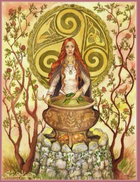 Budding trees are surrounding Brigid as she is working in a cauldron.
