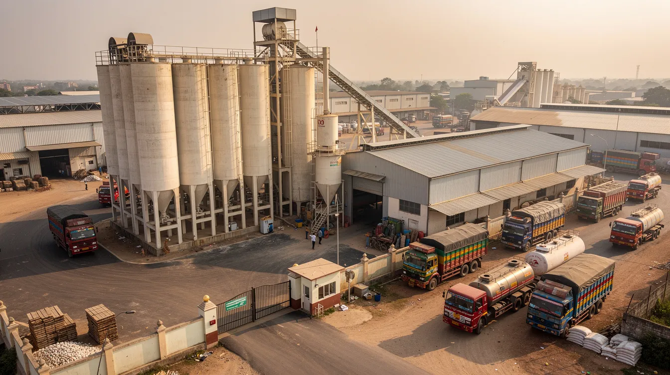 851aa9fa 3bc9 40d3 9f51 6a14af8e5a45 The image depicts a large industrial flour mill facility in an Indian industrial estate, featuring towering wheat storage silos and several trucks parked nearby, indicative of the wheat flour production process. This facility plays a crucial role in the manufacturing of various baked goods and cereals, highlighting the demand for wheat grains in the region.