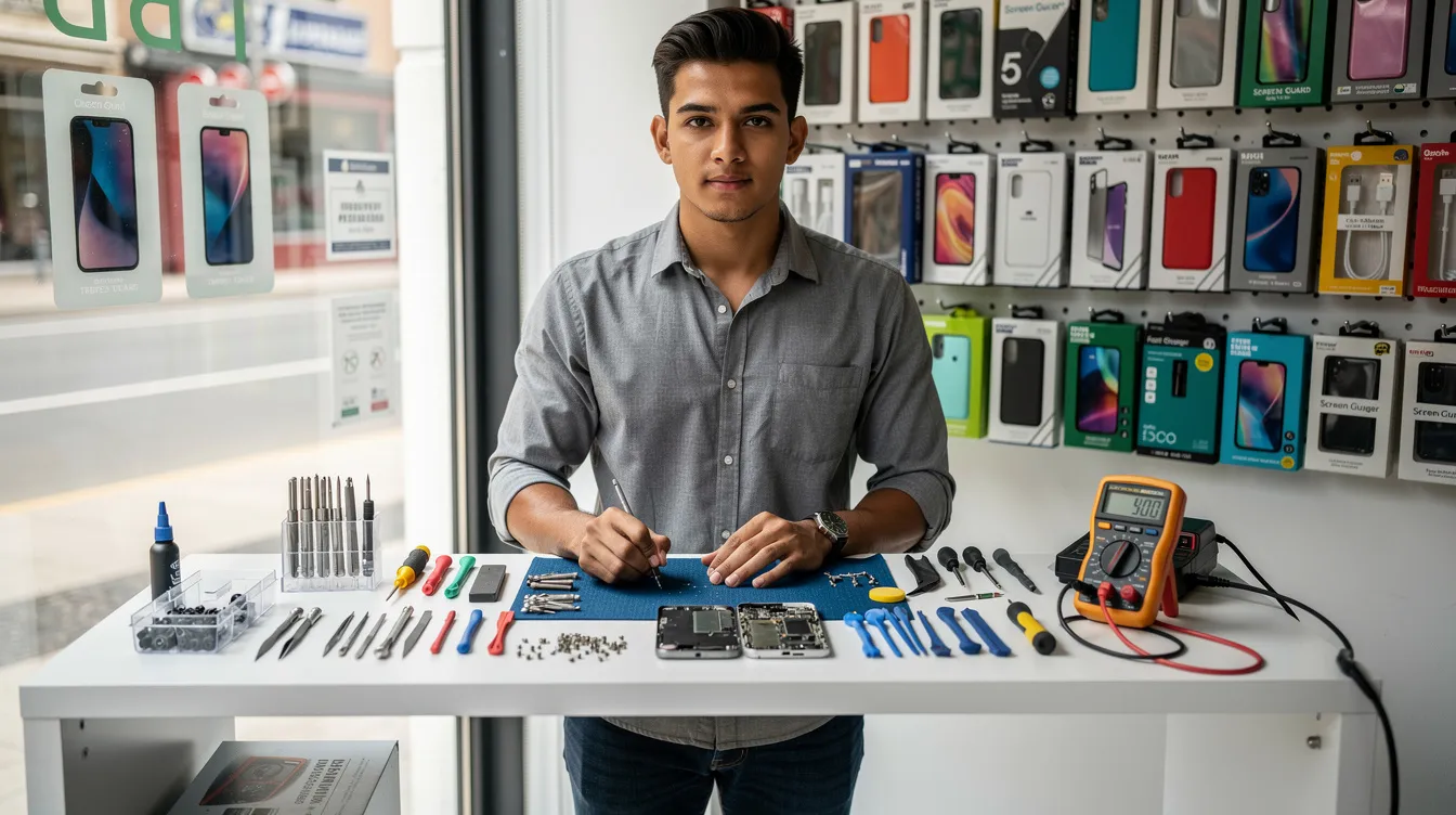 851d098c a59a 4d5c 99fe dad11ea27b4b A young entrepreneur is focused on repairing mobile phones at a counter filled with various tools and accessories. This scene highlights the hustle of small businesses, which often seek financial assistance through schemes like Mudra loans to support their operations and growth.