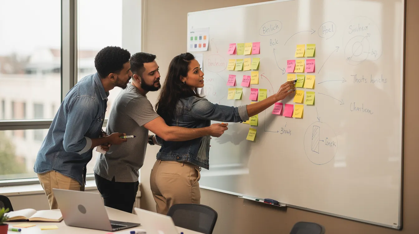 A small team of professionals collaborates around a whiteboard filled with colorful sticky notes during a planning session, focusing on strategies to enhance their brand's visibility in digital marketing and optimize their efforts using collaboration tools. The atmosphere is dynamic, showcasing teamwork and the exchange of actionable insights to stay ahead in a competitive landscape.