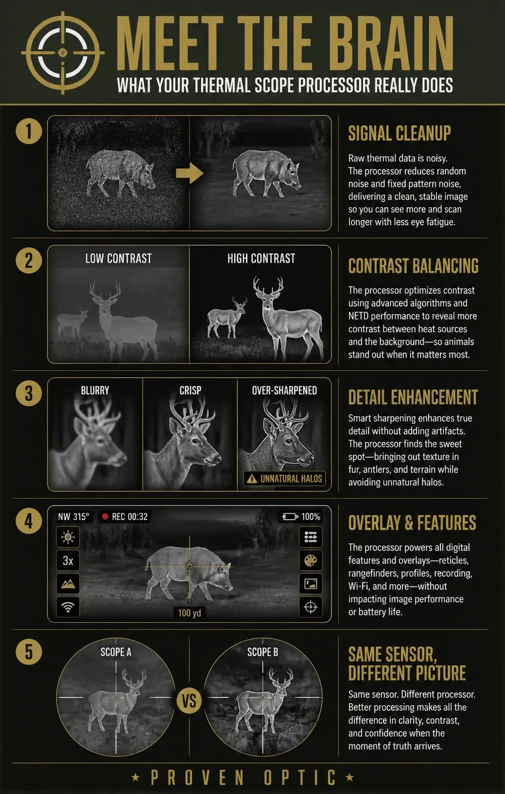 An infographic on signal cleanup, contrast balance, detail enhancements, overlays, and features to show the differences made.