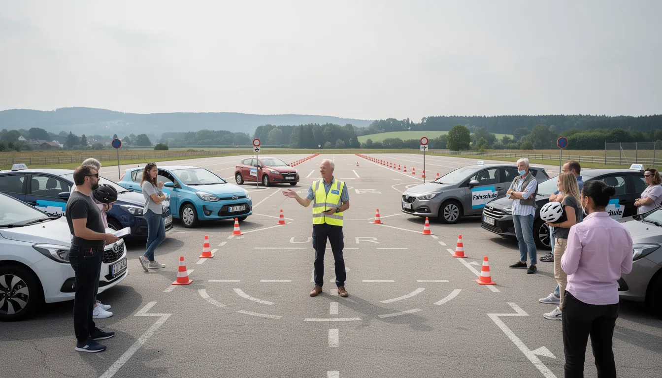 Ein Instruktor erklärt den Teilnehmern auf einem Übungsplatz verschiedene Fahrtechniken, während sie sich auf das Fahrspaß-Erlebnis vorbereiten. Die Szene vermittelt eine Atmosphäre von Lernen und Begeisterung für Autos und Fahrtechnik.