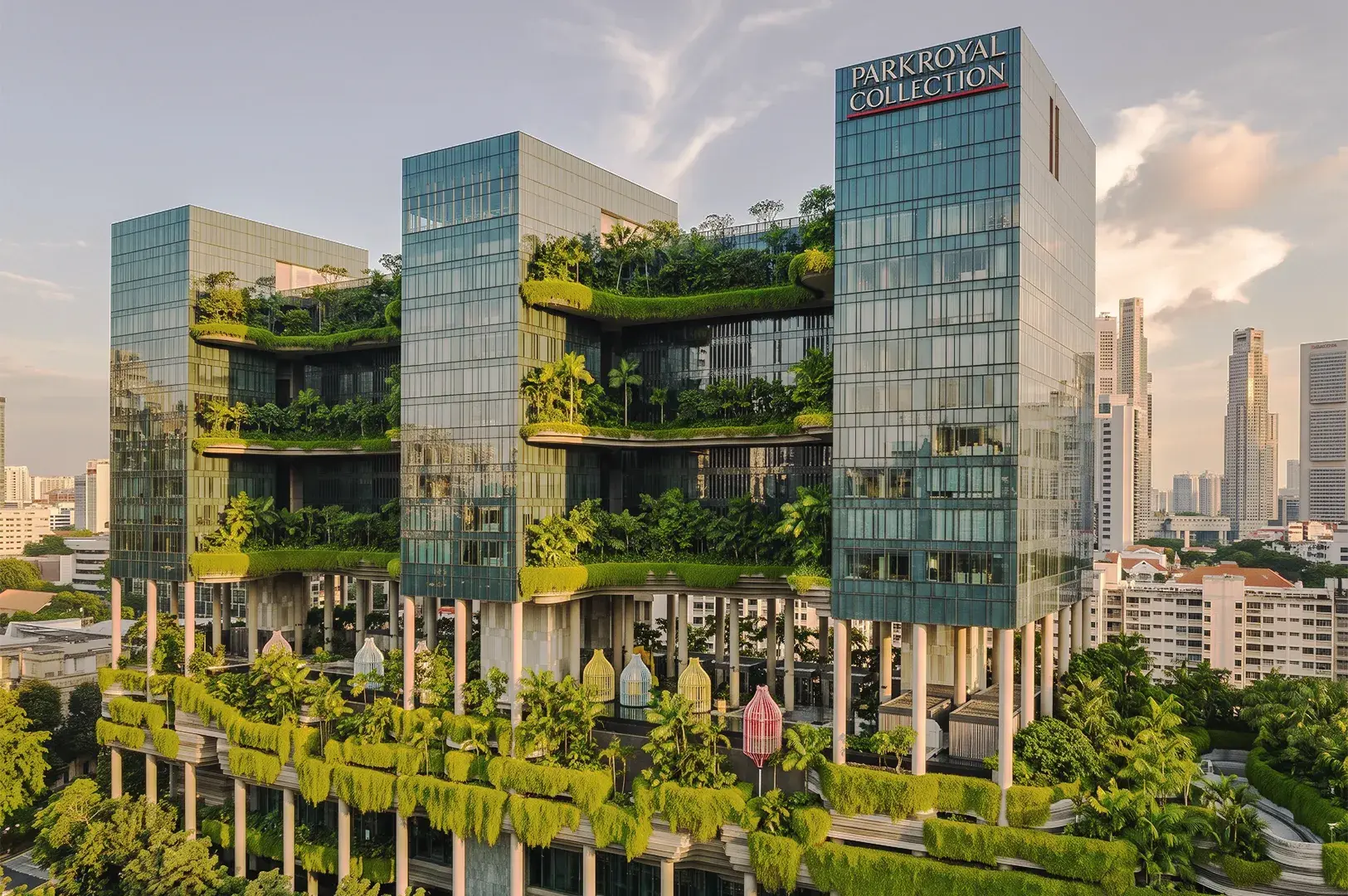 Parkroyal Collection Pickering Singapore eco-friendly hotel exterior with cascading gardens, sustainable architecture, and urban oasis design