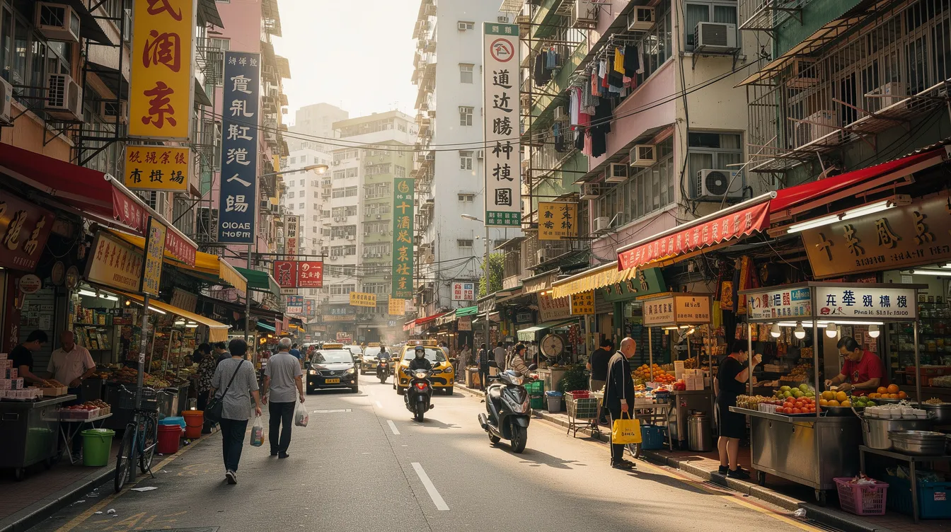 The image depicts a bustling commercial street in Hong Kong filled with small retail shops and restaurants, showcasing the vibrant atmosphere of 中小企業 thriving during the daytime. The scene reflects the dynamic spirit of local businesses and the support provided by 政府資助計劃 for 中小型企業.