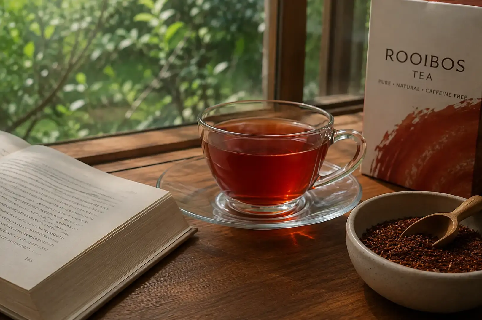 Positioned on a dark wooden table by a window overlooking greenery, a clear glass teacup displays glowing amber-red rooibos tea on a glass saucer. An open book rests to the left of the cup, while a small ceramic bowl containing loose-leaf rooibos with a wooden scoop and a white tea box labeled "ROOIBOS TEA" sit to the right in the soft natural light.