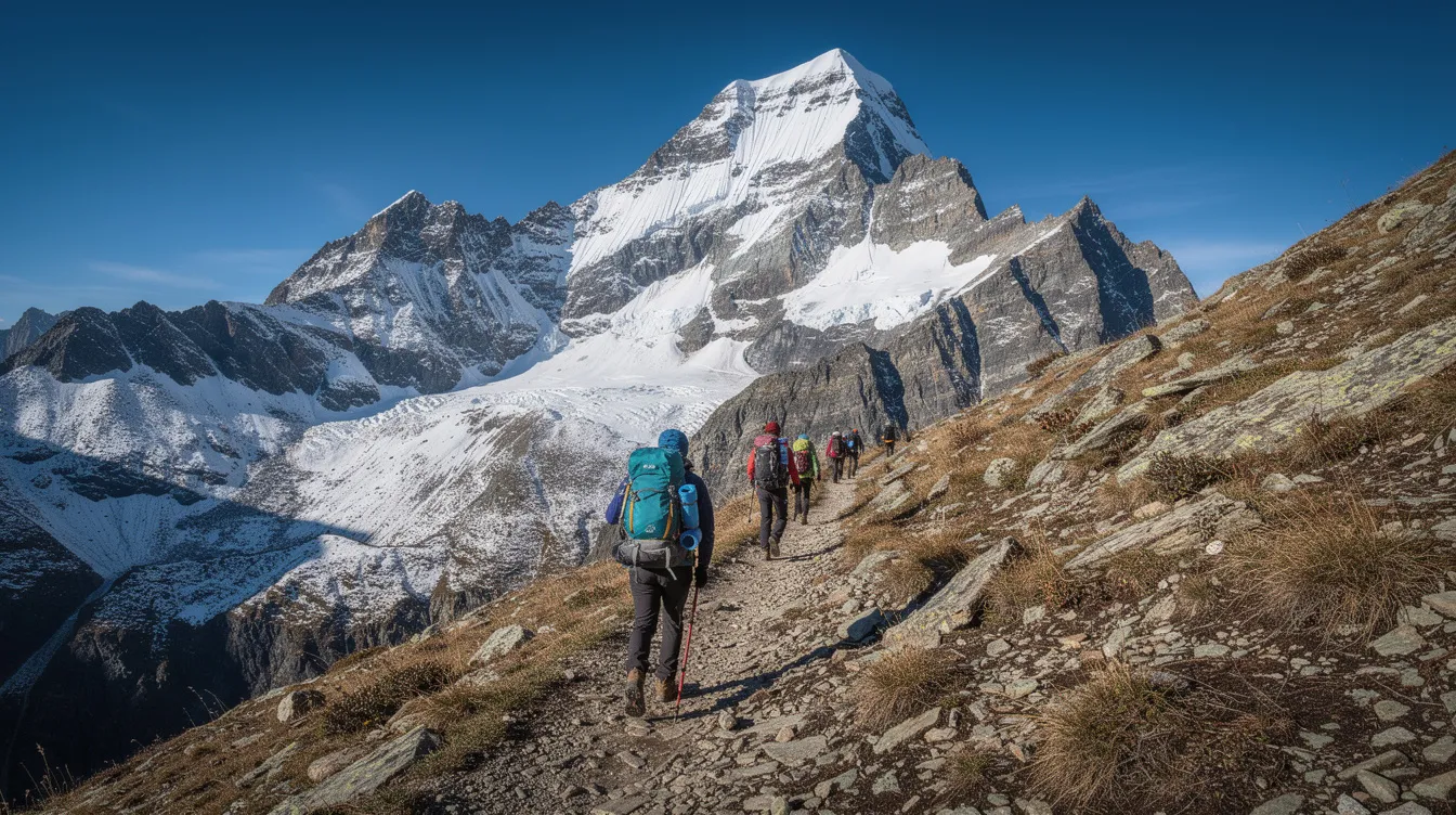 A group of trekkers is navigating a rocky mountain trail in the High Atlas Mountains of Morocco, with a stunning snow-dusted peak rising majestically in the background against a clear blue sky. The scene captures the breathtaking landscapes and the adventurous spirit of exploring the Atlas mountain range.