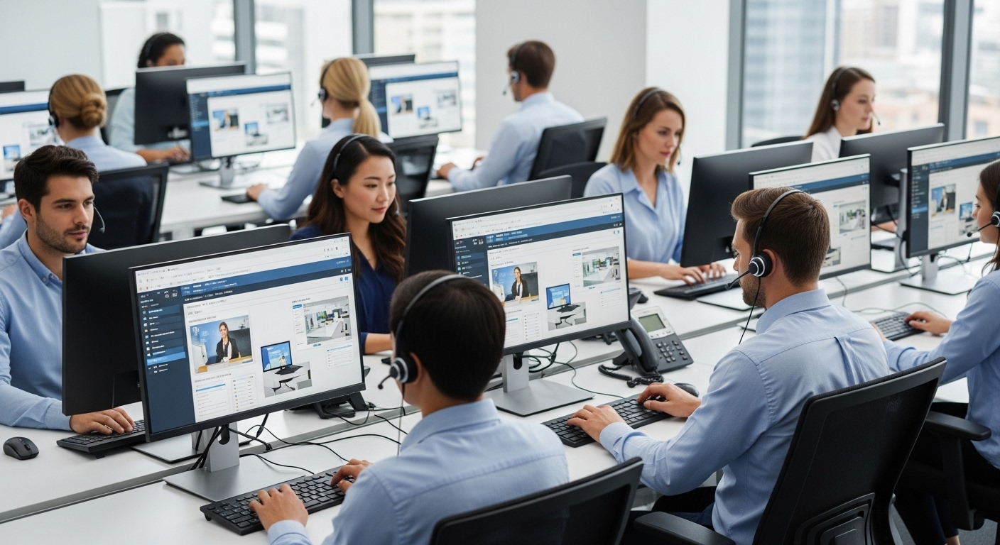 Call center environment with multiple agents accessing shared cloud desktops, representing multi-user efficiency and scalability.