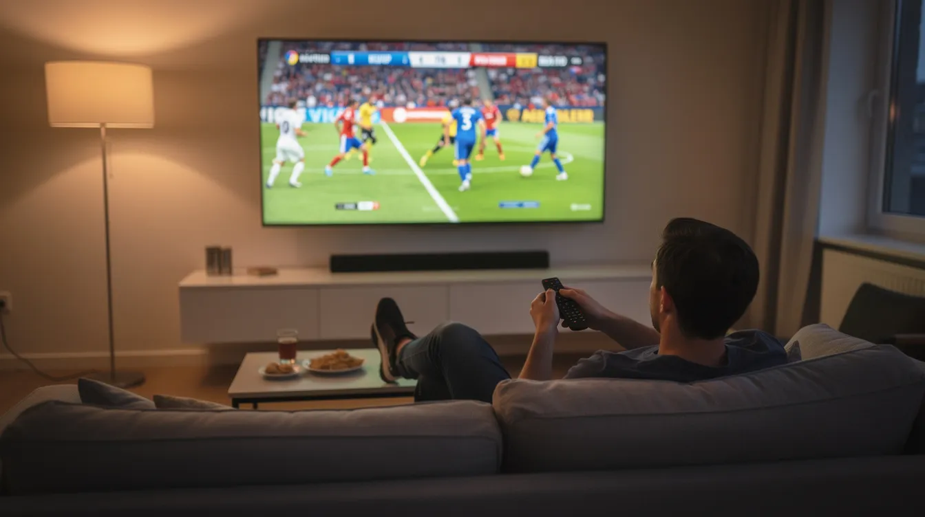 A person is comfortably lounging on a couch, holding a remote control while watching a live sports game on a large wall-mounted smart TV. The scene captures the essence of relaxation and enjoyment, perfect for sports fans who appreciate high-quality streaming through their IPTV service.