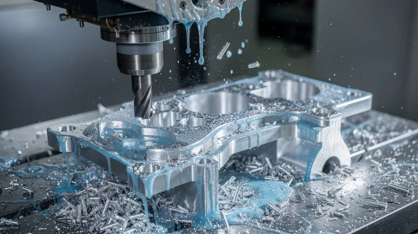 A close-up view of a multi-axis CNC machine actively cutting an aluminum aerospace bracket, with a stream of coolant flowing over the workpiece to enhance the precision machining process. This image highlights the essential role of CNC technology in the aerospace industry for creating high-quality, complex components with tight tolerances.