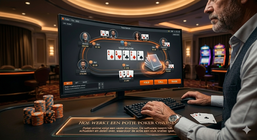 Speler die Texas Hold’em online poker speelt op een computer, met digitale pokertafel waar inzetten, callen en raisen mogelijk zijn tijdens een online pokerhand.
