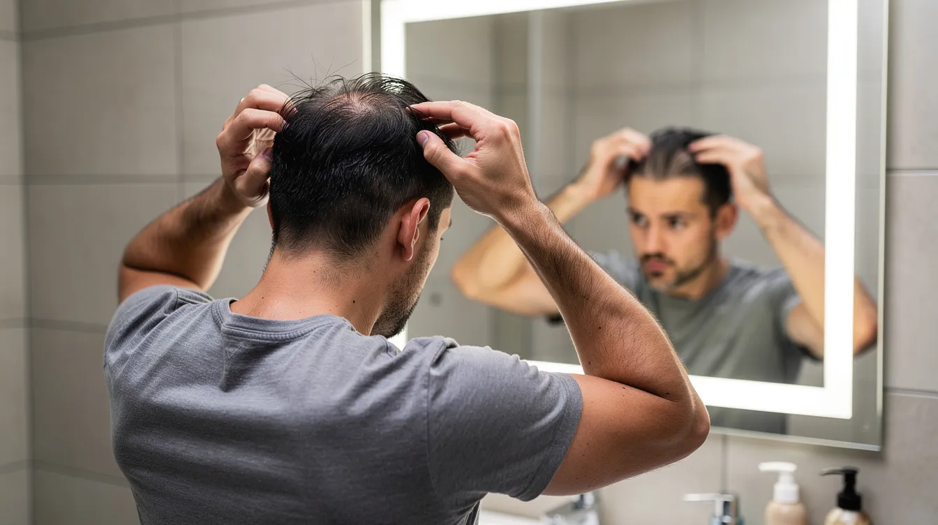 A man is standing in front of a bathroom mirror, closely examining his hair and scalp, which suggests he is focused on maintaining healthy hair growth. He may be considering the best shampoo and conditioner for his specific hair type to promote a healthy scalp and restore moisture.