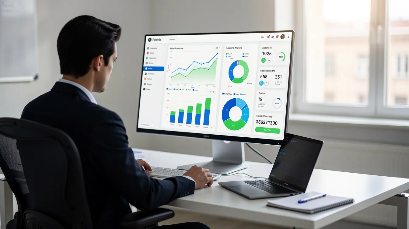 A person is seated at a desk, intently reviewing a digital analytics dashboard displayed on a large monitor, which features various charts and graphs. This scene highlights the role of HR professionals in utilizing data-driven insights to enhance recruitment processes and make informed decisions in talent acquisition.