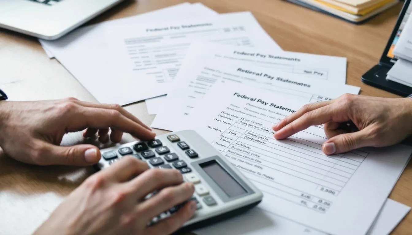 A close-up image shows hands using a calculator to compute retirement benefits, surrounded by federal pay statements. This scene highlights the complex process of retirement planning for federal employees, including calculations related to the civil service retirement system and various retirement plans.