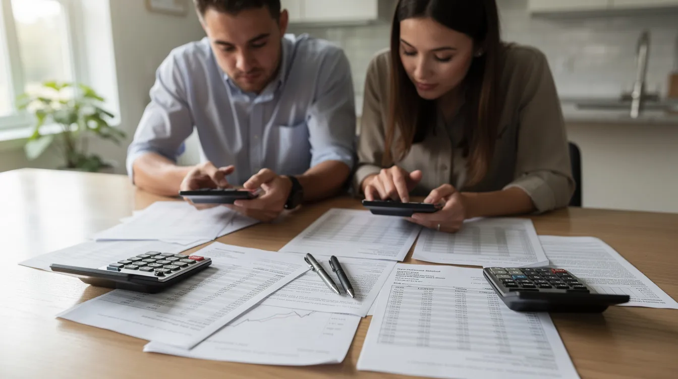 Two people are seated at a table, intently reviewing financial paperwork, with calculators and various documents spread out in front of them, indicating a discussion about debt restructuring and financial management. The scene suggests a focus on assessing their financial situation, possibly related to 二線 財務 and 債務 重組.