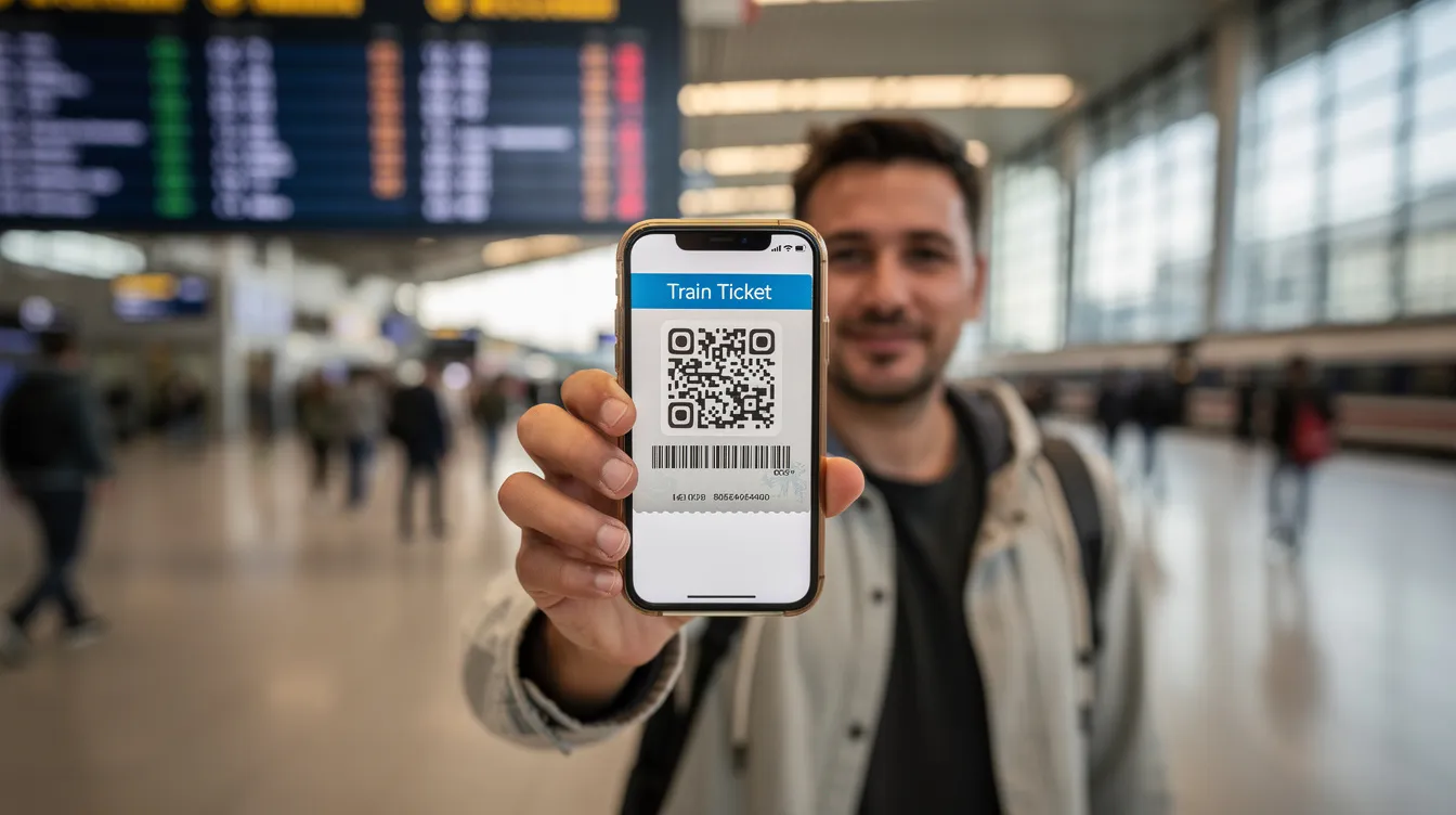 A person stands in a busy train station concourse, holding a smartphone that displays a QR code for a German train ticket. This ticket is likely for a long-distance journey on Deutsche Bahn trains, enabling them to travel between departure and arrival stations seamlessly.