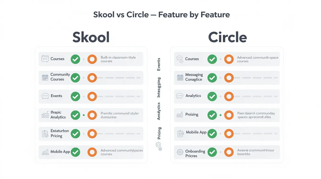 The image compares the features of Skool and Circle, highlighting their differences in community building tools, such as native video hosting and community engagement options. It illustrates how Skool offers a single feed for community discussions, while Circle provides multiple spaces and supports a more diverse course structure for serious community businesses.