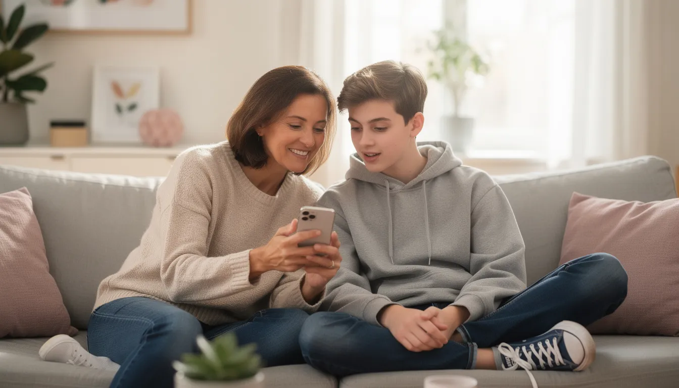 A parent and teenager are sitting together, engaged in a conversation while looking at a smartphone. They appear to be discussing the teen's driving habits and possibly exploring features of a GPS vehicle tracker to ensure safe driving and monitor the teen's location.