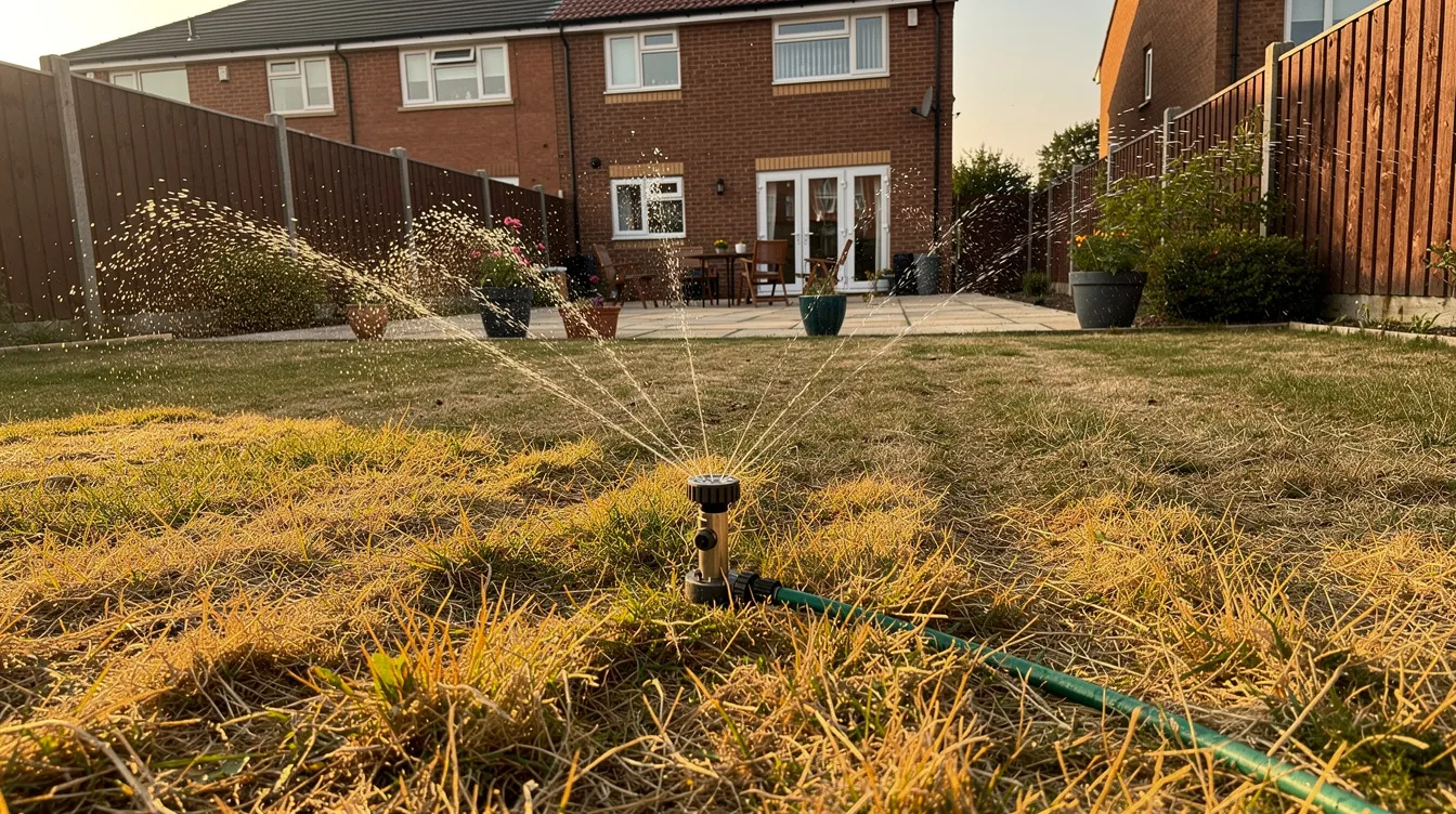 A person is watering a yellow, drought-damaged lawn in a UK suburban garden using a sprinkler after a heatwave, aiming to restore the grass and promote recovery. The dry conditions have left the lawn in poor condition, and consistent watering is essential for healthy grass growth and soil moisture retention.