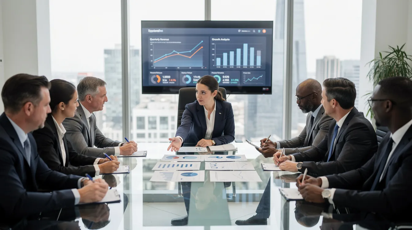 A group of business professionals is gathered in a modern conference room, intently reviewing financial documents related to corporate tax services. They are discussing aspects of tax compliance and planning to support their clients in achieving their business goals.
