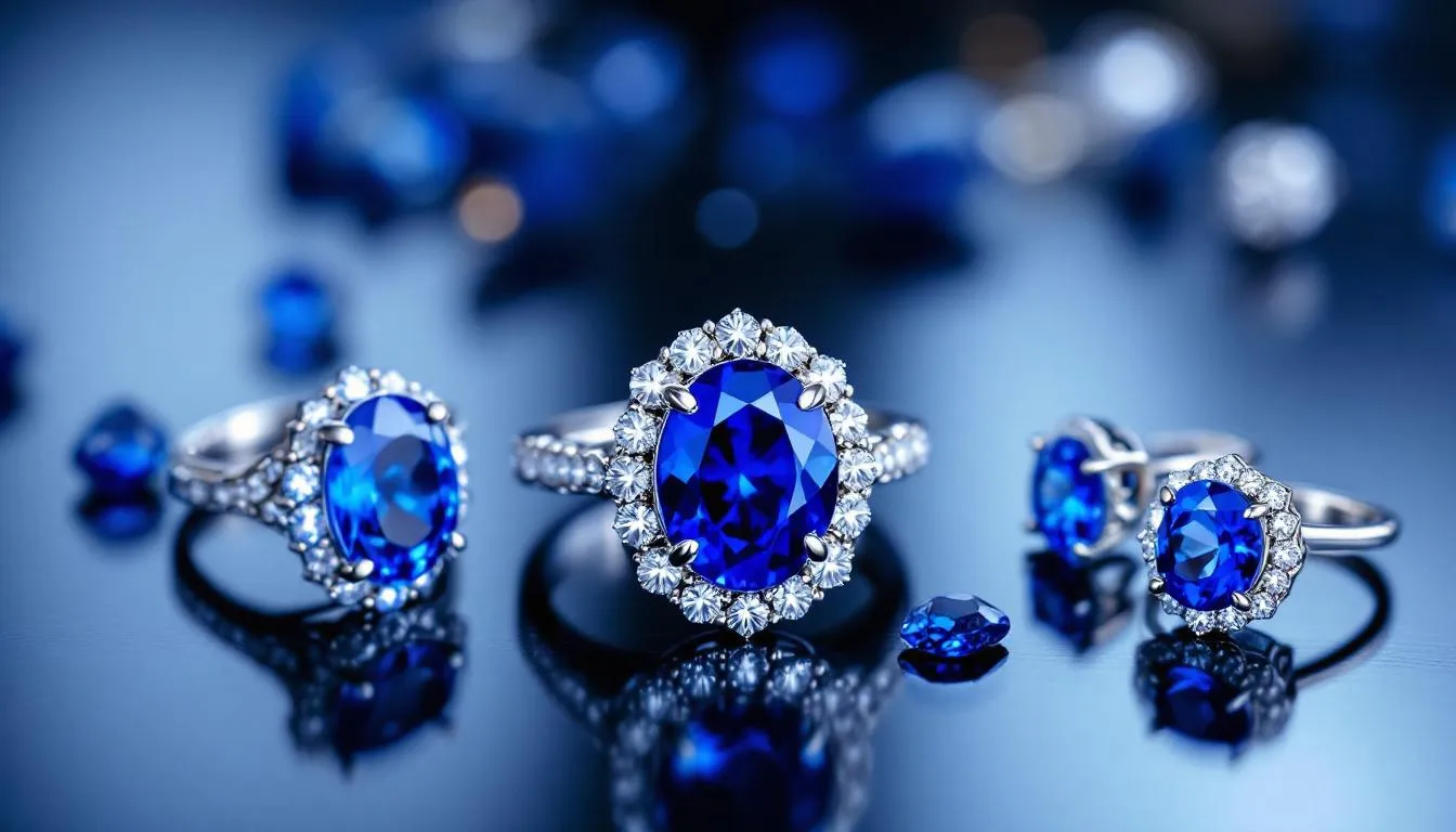 Various types of sapphire jewellery including rings and earrings.