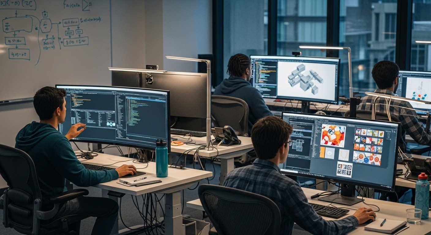 Students using specialized software like data analysis, engineering tools, and design applications in a high-tech lab.