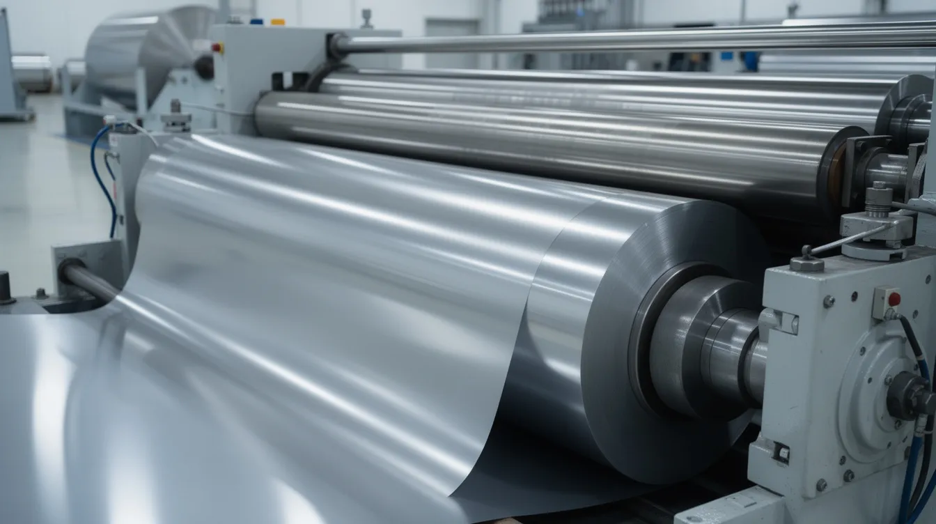 The image shows a shiny, smooth steel sheet being fed through industrial rollers in a clean factory environment, highlighting the cold rolling process that produces cold rolled steel with precise dimensions and a smooth finish. This process is essential for manufacturing steel products with tighter tolerances and enhanced mechanical properties.