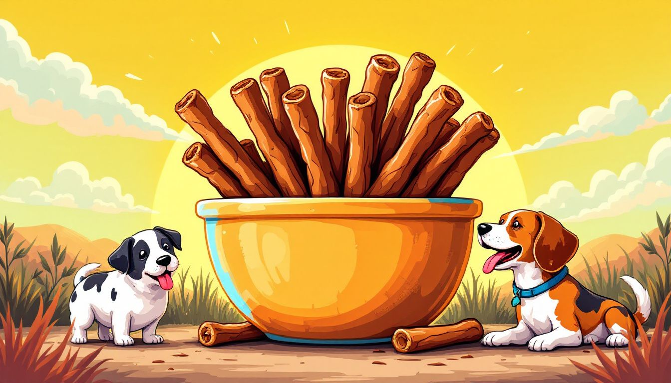 Slow roasted bully sticks in a bowl, ready for dogs to enjoy.