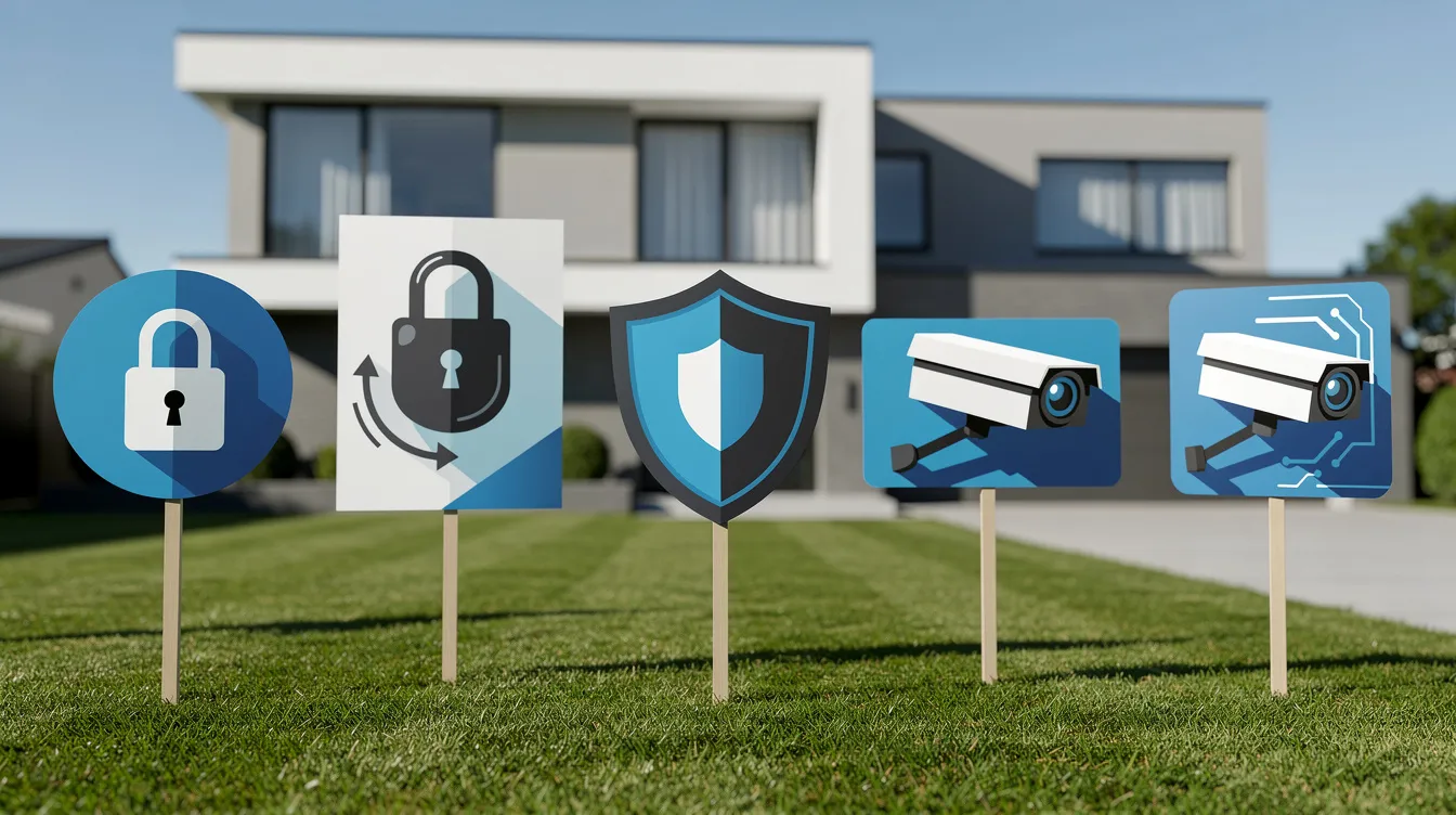 Yard signs indicating a home is protected by a security system.