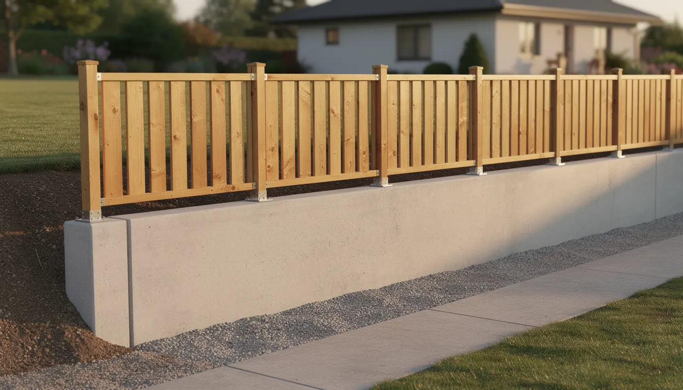 The image depicts a timber fence constructed atop a sturdy concrete retaining wall on a sloped section, showcasing a blend of natural wood and solid structure. This design is ideal for residential fencing projects, particularly in areas like Lower Hutt, where local fencing contractors can provide custom fencing designs to enhance outdoor spaces.