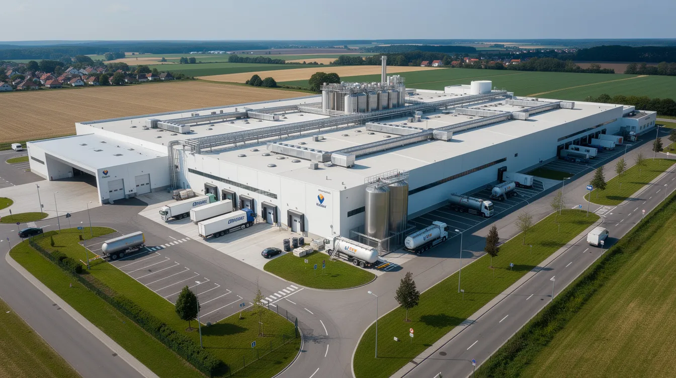 85401239 7e46 4dc5 b5a8 f4e61916bee3 An aerial view of a large modern dairy processing complex showcases multiple interconnected buildings and loading docks, indicative of a facility focused on the production of premium dairy ingredients like anhydrous milk fat and butter oil. This expansive site reflects the advancements in the dairy industry, catering to the rising consumer demand for high-quality dairy products and specialty foods.