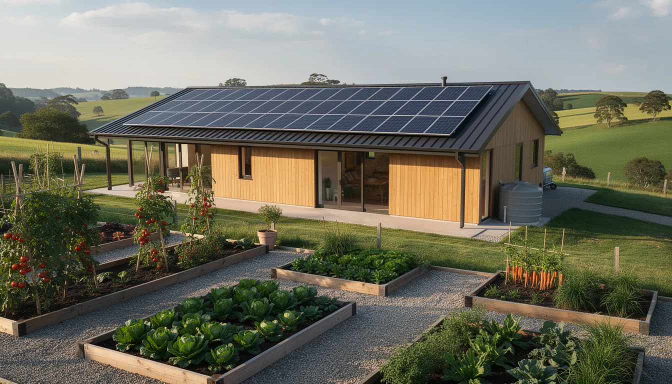 The image depicts a modern homestead featuring solar panels and a lush vegetable garden, set against a backdrop of rolling hills. This serene setting emphasizes sustainable living and natural beauty, perfect for those who appreciate the benefits of clean ingredients and wellness.