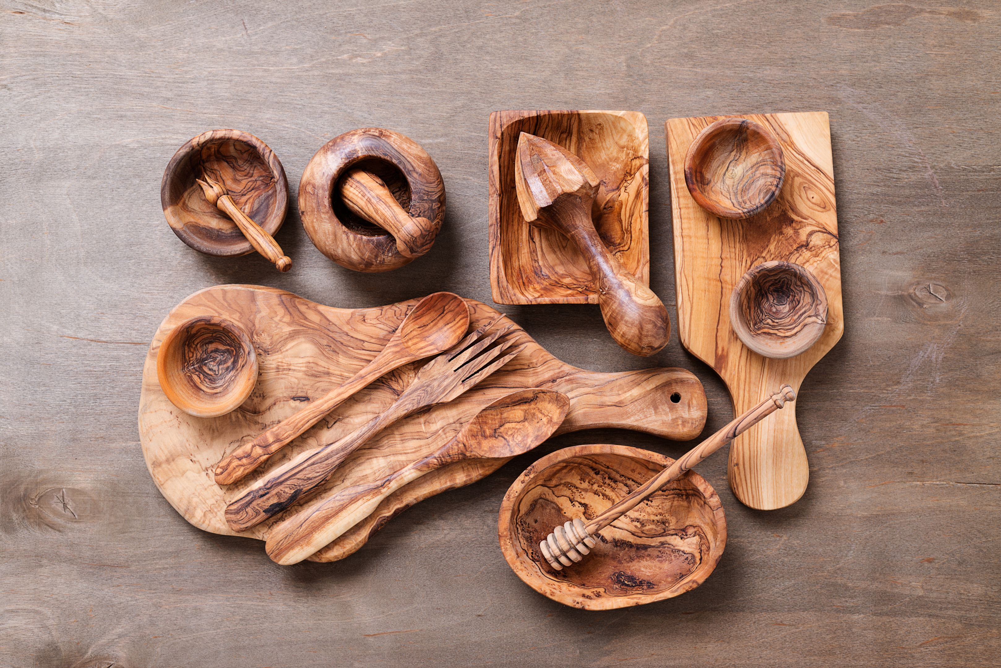 Olive wood carving spoons and other kitchenware
