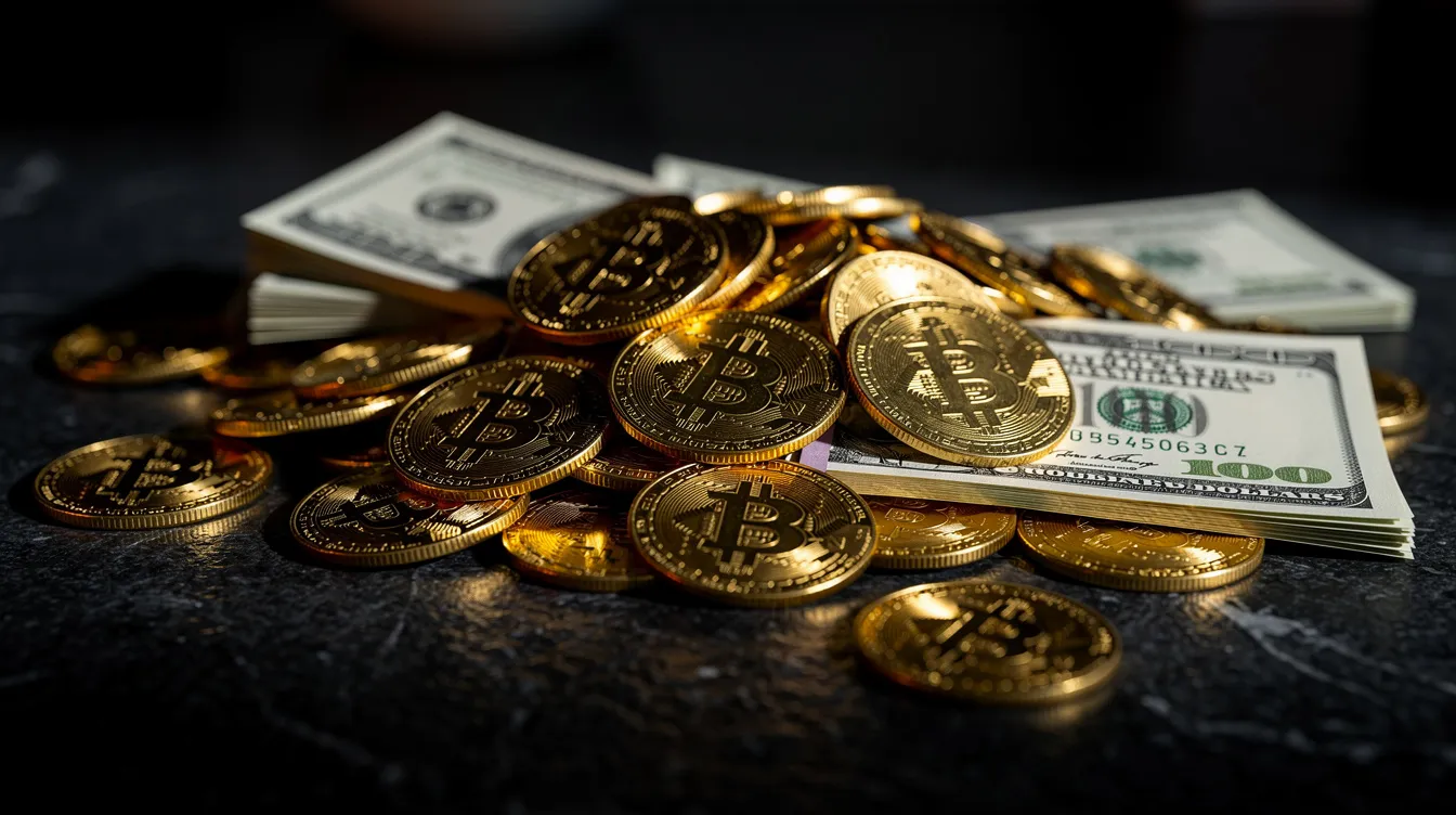 A close-up view of shiny gold coins and crumpled cash resting on a dark countertop, suggesting a scene related to financial transactions often found in a pawn shop. This image evokes the atmosphere of collateral loans and selling items at a store like those on Lincoln Ave in Anaheim.