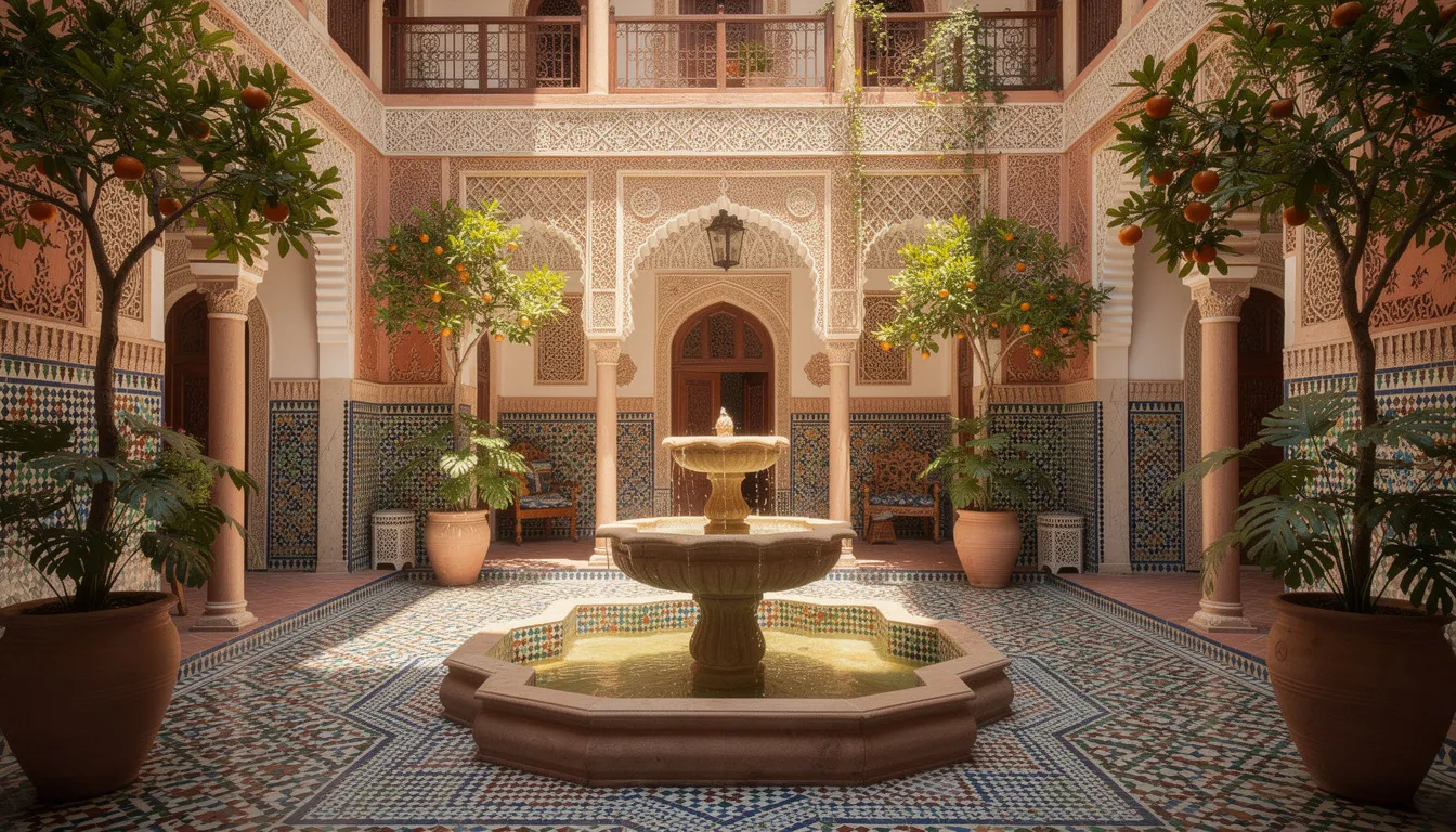 The image depicts a traditional Moroccan riad courtyard featuring a central fountain surrounded by intricate colorful tilework. This serene setting reflects the rich Moroccan culture, making it a perfect spot to relax while exploring the country's highlights, such as the famous souks and historical sites.