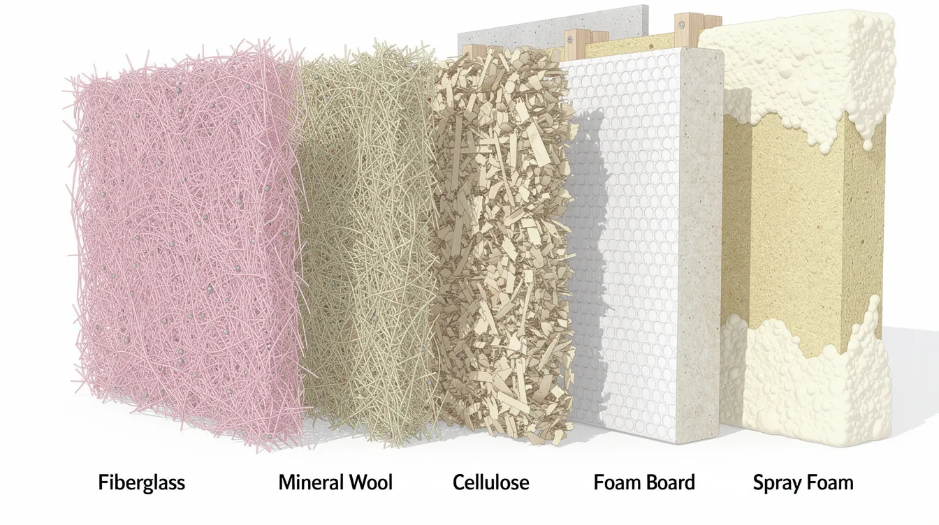 The image shows a cross-section view of various insulation materials, highlighting their fiber structures, which are essential for proper sauna insulation. This illustration emphasizes how different materials contribute to optimal heat retention and minimize energy loss, ensuring an energy efficient sauna experience.