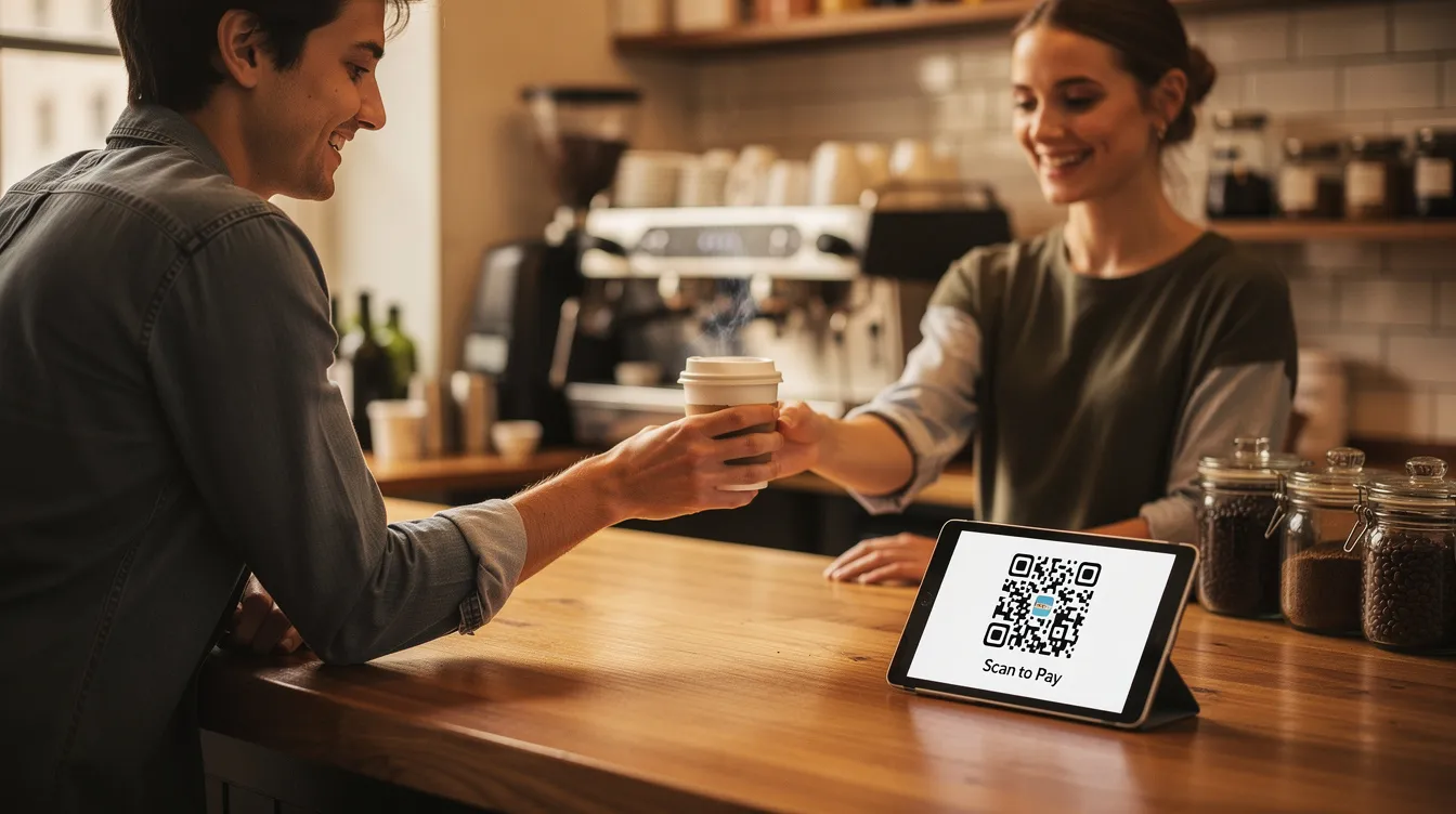 A warm coffee shop counter features a barista happily handing a cup of coffee to a smiling customer, while a small tablet displaying a QR code sits on the countertop, suggesting the use of a loyalty program to encourage repeat business and enhance customer engagement for small businesses.