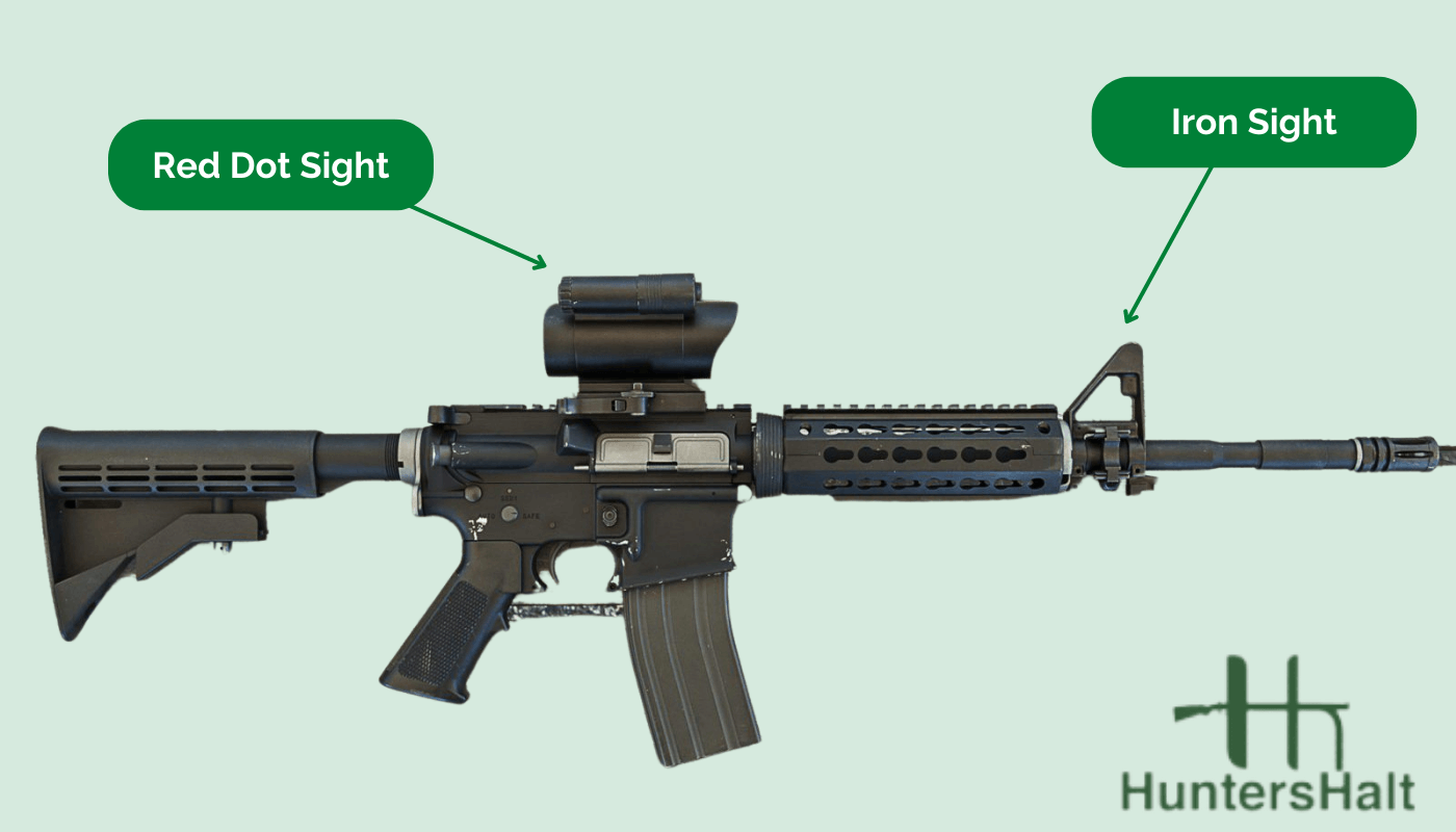 picture of an AR with a red dot sight and iron sight attached
