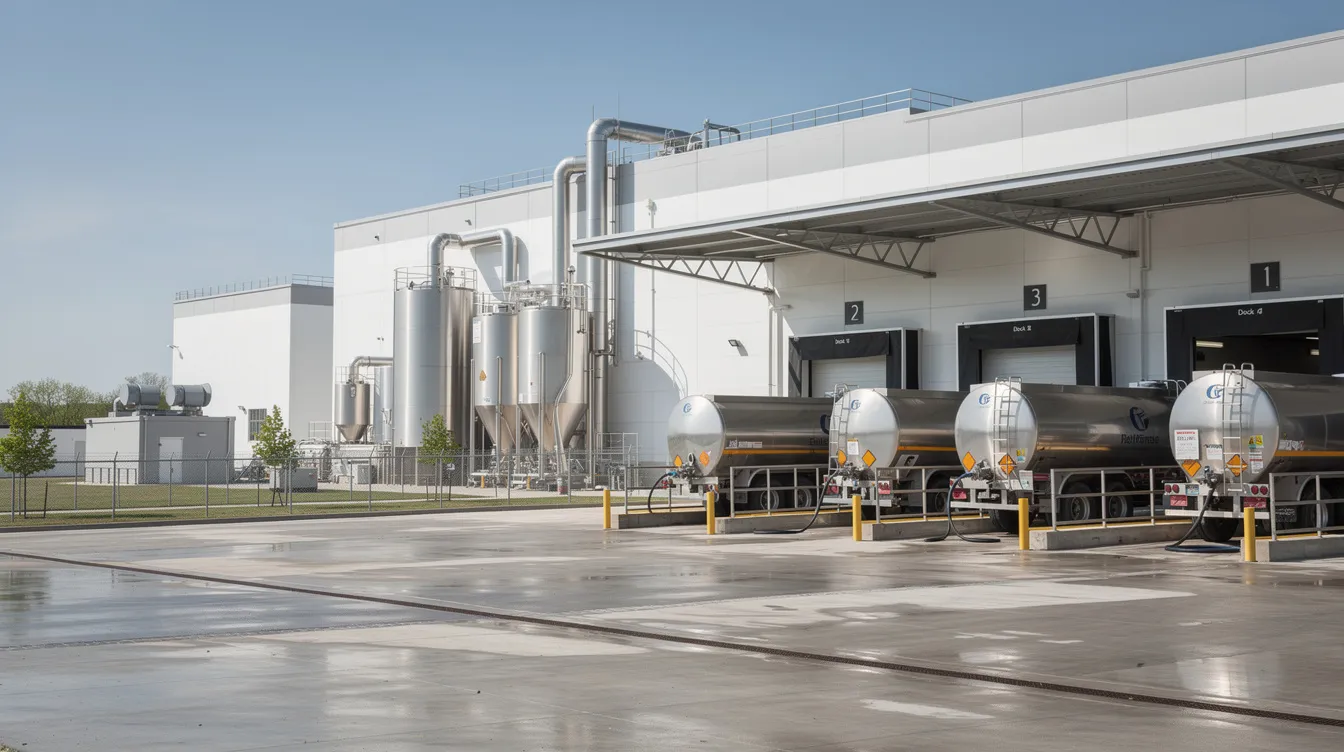 8549f525 de3d 427d 94be deaf7d3b27ed The image shows the exterior of an industrial dairy processing facility, featuring milk tankers parked at a reception dock for raw milk reception. This dairy plant layout highlights the operational efficiency and essential infrastructure necessary for milk processing and dairy product manufacturing.