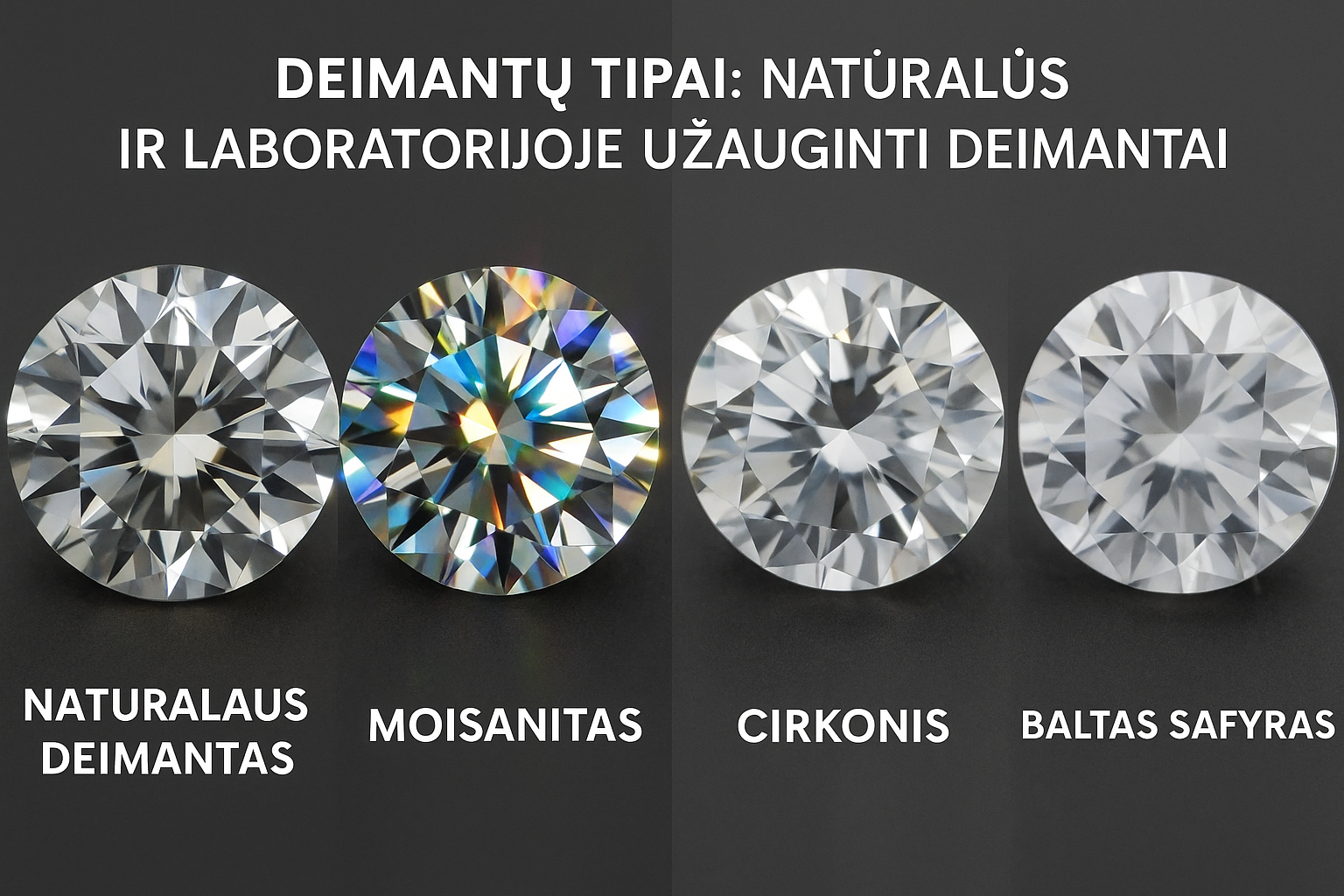 Comparison of brilliance of different gemstones – natural diamond, moissanite, cubic zirconia, and white sapphire