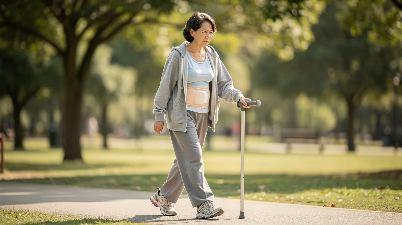 A person in comfortable clothing taking a short walk outdoors during recovery.