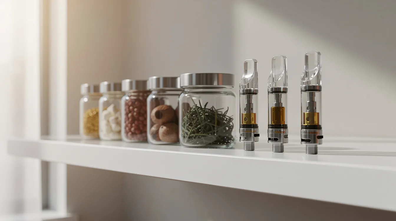 The image features a clean white shelf displaying neatly arranged glass storage jars and vape cartridges, illuminated by soft natural lighting. This organized setup reflects a variety of cannabis products, including those with flavors like lemon gelato and sunset sherbet, appealing to consumers seeking relaxation and anxiety relief.