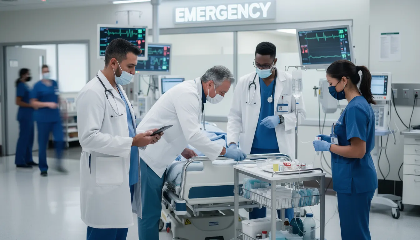 The image shows a team of medical professionals in a busy hospital emergency room, tending to patients with visible injuries, including those from truck accidents. The atmosphere is urgent as doctors and nurses work together to provide critical care and assess medical needs for those involved in serious accidents.